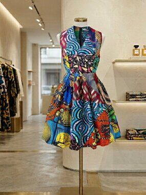 African Batik Dress Ankara Print Wax Top Kente Cloth Short Sleeve Dress